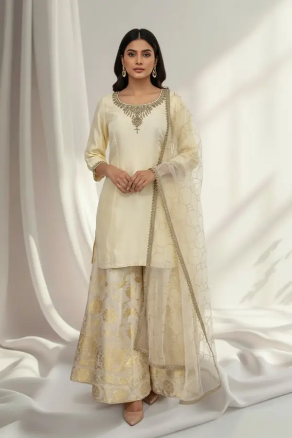 Rubia collection 3 piece embroidered lux sharara suit - Cream, 38