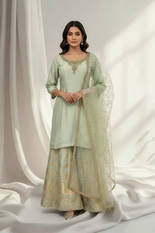 Rubia collection 3 piece embroidered lux sharara suit - Mint, 38