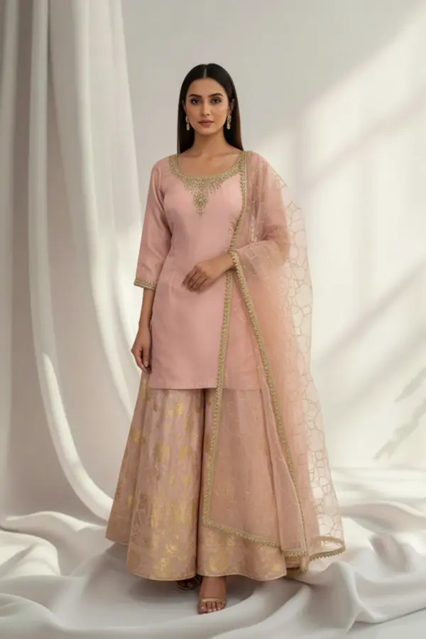 Rubia collection 3 piece embroidered lux sharara suit - Pink, 38