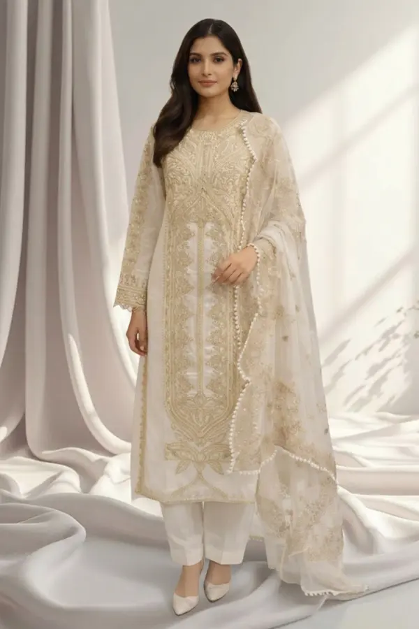 Zarina lawn luxe emboidered premium collection - White, X - Large