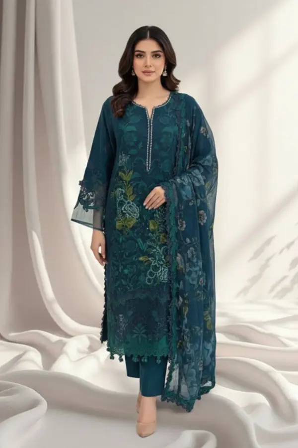 Zarina premium 3 piece luxe embroidered collection - Teal, X - Large