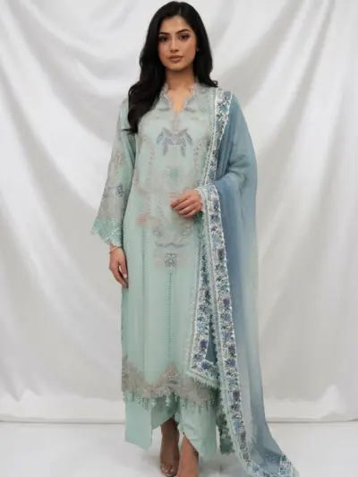 Shiffonz lux embroidered 3 piece chiffon collection - SGREEN, Medium