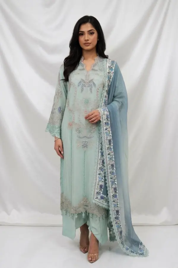 Shiffonz lux embroidered 3 piece chiffon collection - SGREEN, X - Large