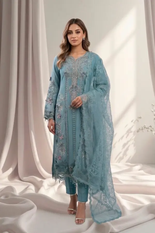 Zarina chiffon premium collection 3 piece embroidered suit - Blue, X - Large
