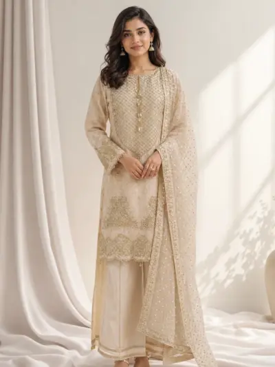 Jacquard premium collection 3 piece embroidered suit - Cream, Medium