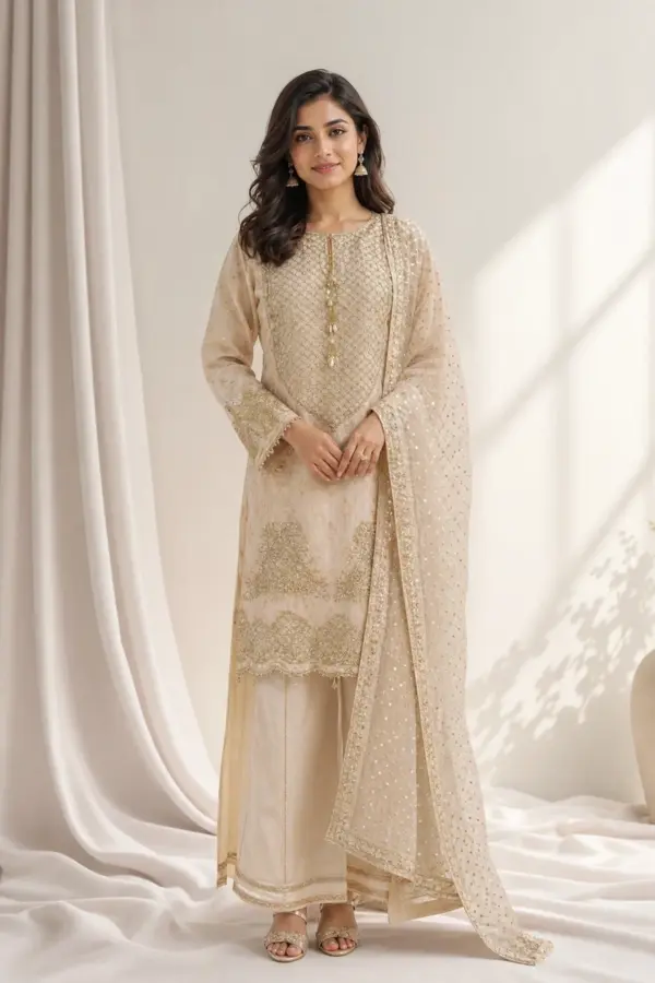 Jacquard premium collection 3 piece embroidered suit - Cream, Large