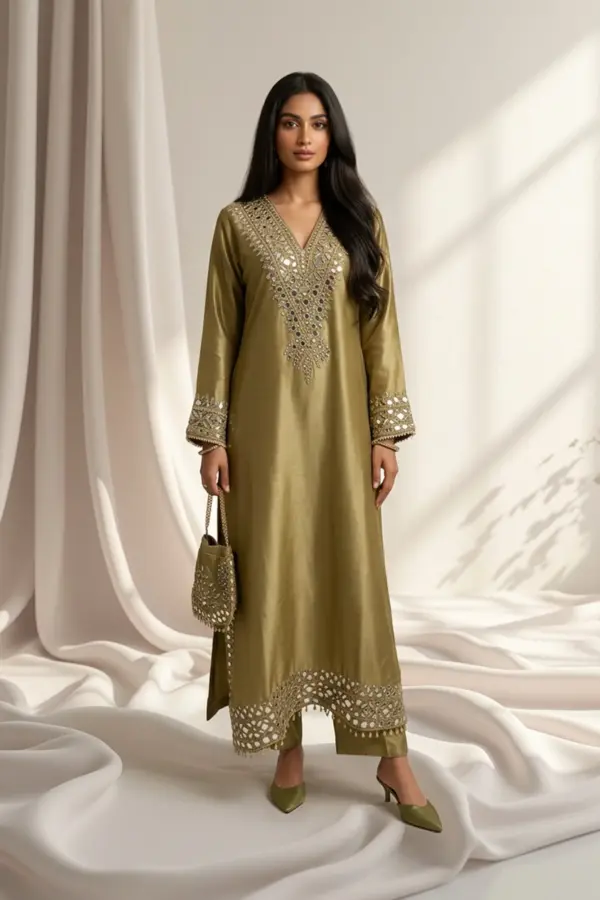 Shiffonz long luxe embroidered kaftan suit - Khakhi, 36