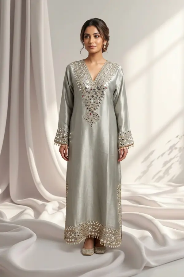 Shiffonz long luxe embroidered kaftan suit - Green, 36