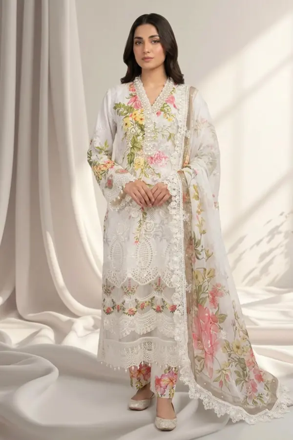 Zarina premium collection 3 piece luxe embroidered suit - White, X - Large