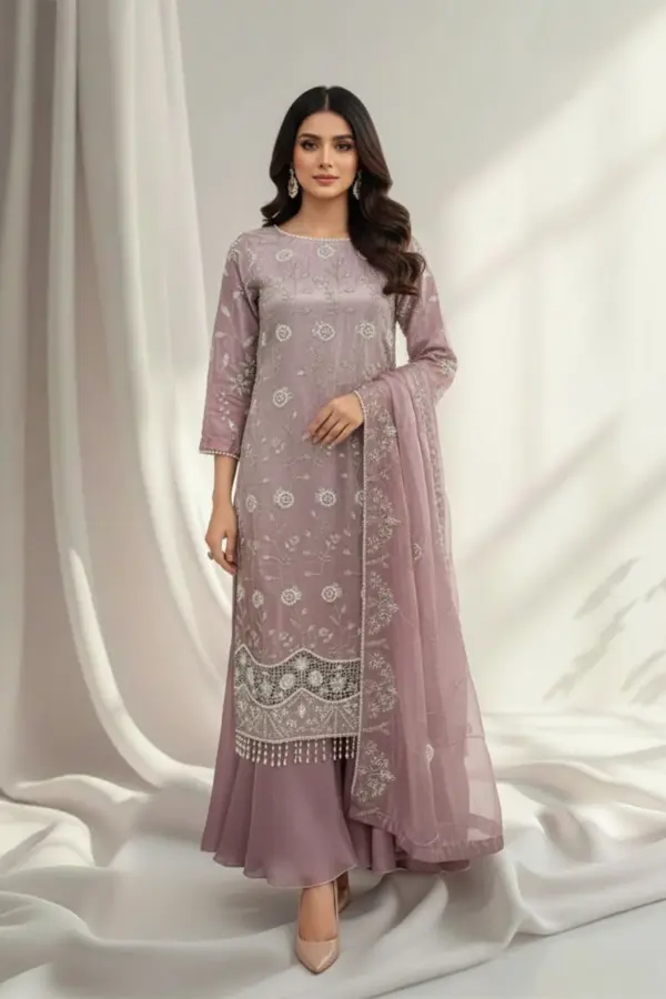 Maya premium collection embroidered 3 piece dress - Lilac, X - Large
