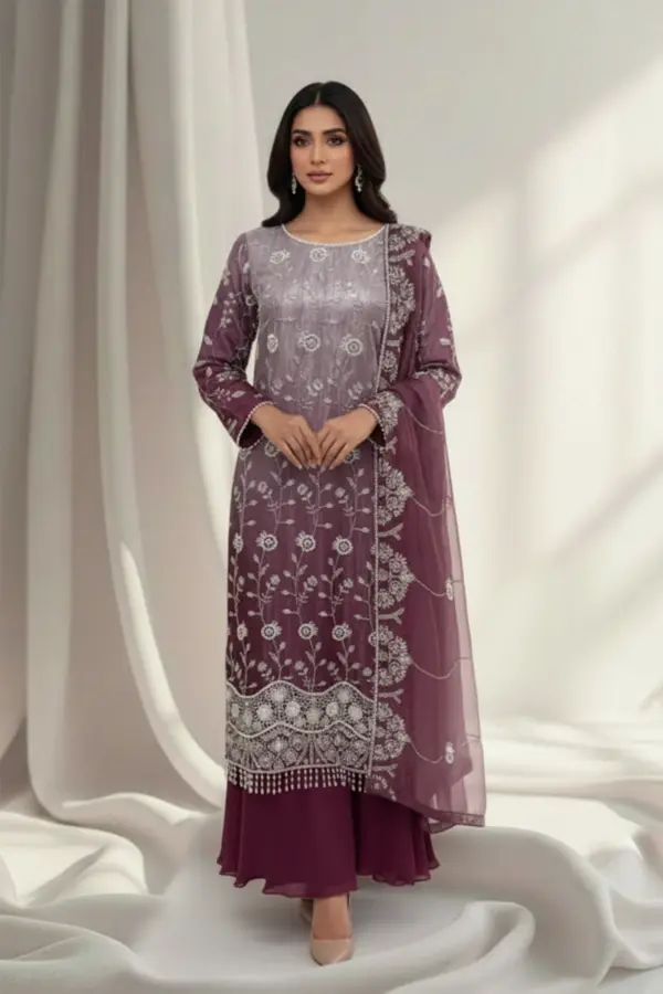 Maya premium collection embroidered 3 piece dress - Purple, Large