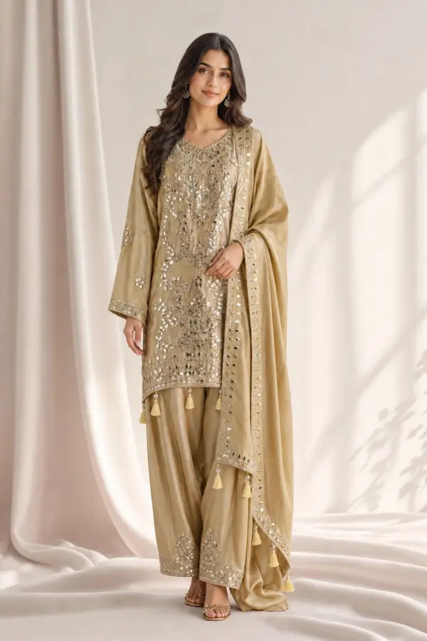 Shiffonz luxury gotta embroidered 3 piece suit - MEHNDI, 40