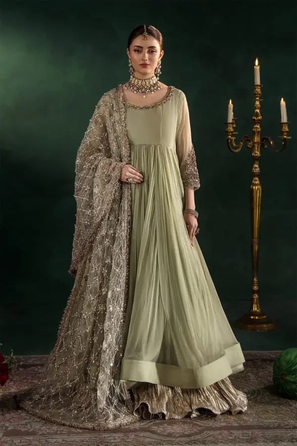 Khudabaksh luxe embroidered crinkle chiffon gown - Mint, X - Large