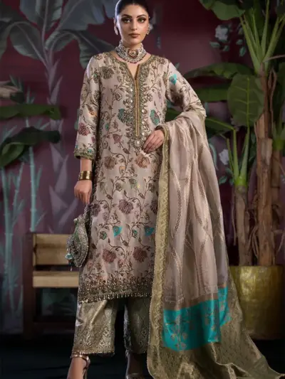 Khudabaksh luxe collection embroidered 3 piece suit - Beige, X - Large