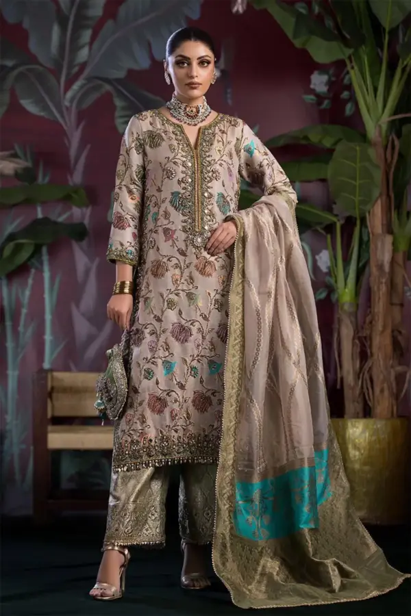 Khudabaksh luxe collection embroidered 3 piece suit - Beige, Large