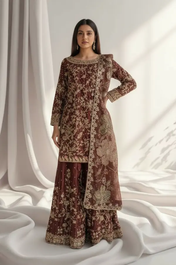 Shiffonz luxe collection 3 piece embroidered dress - Brown, X - Large