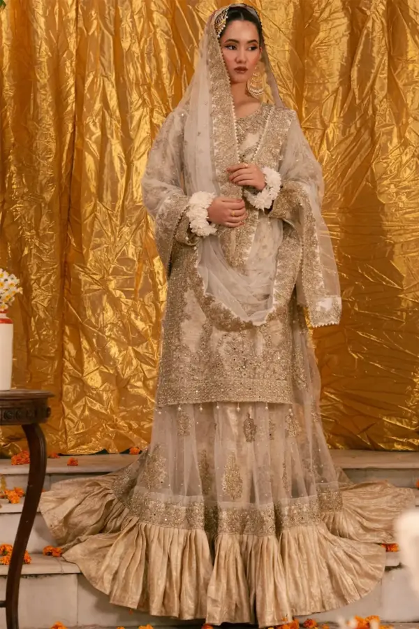 Rubabh premium collection farshi lengha embroidered suit - Cream, X - Large