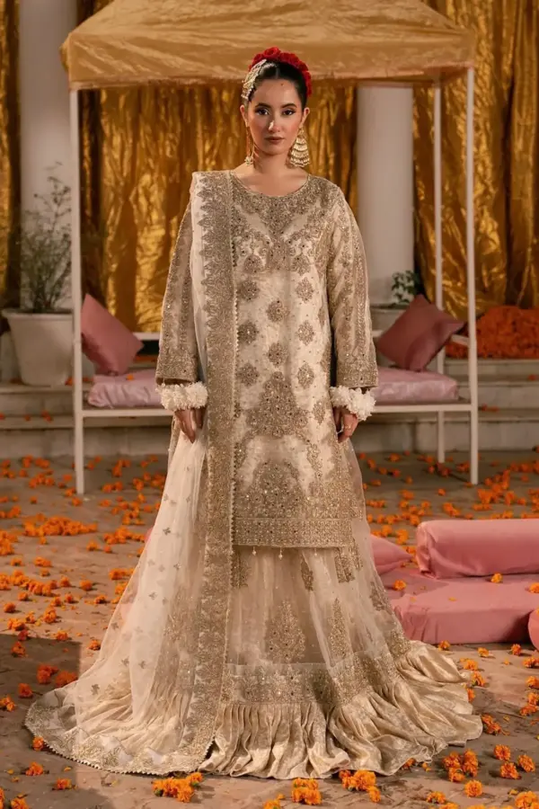 Rubabh premium collection farshi lengha embroidered suit - Cream, X - Large