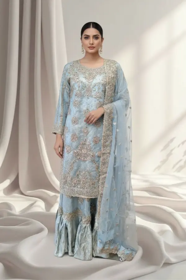 Rubabh premium collection farshi lengha embroidered suit - SKYB, X - Large