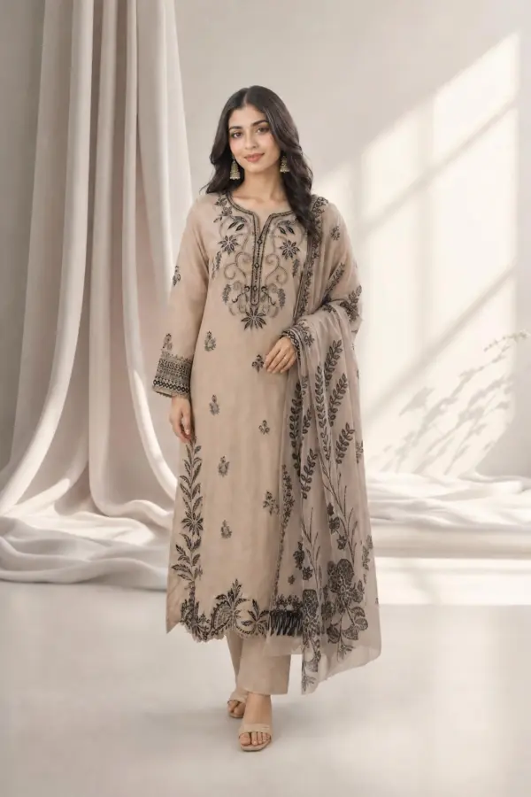 Reeva collection 3 piece kaftan embroidered suit - Beige, X - Large