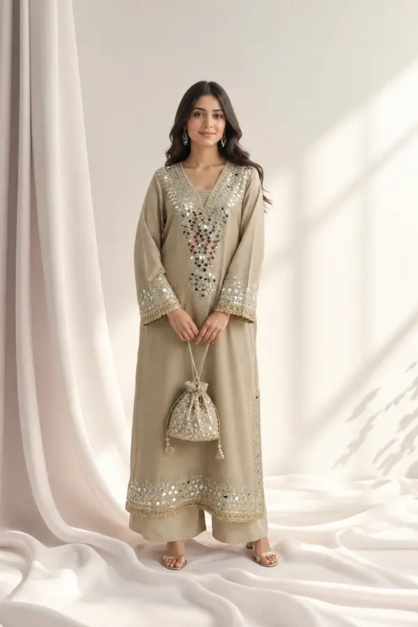 Shiffonz 2 piece mirror embroidered Kaftan collection - Grey, 40