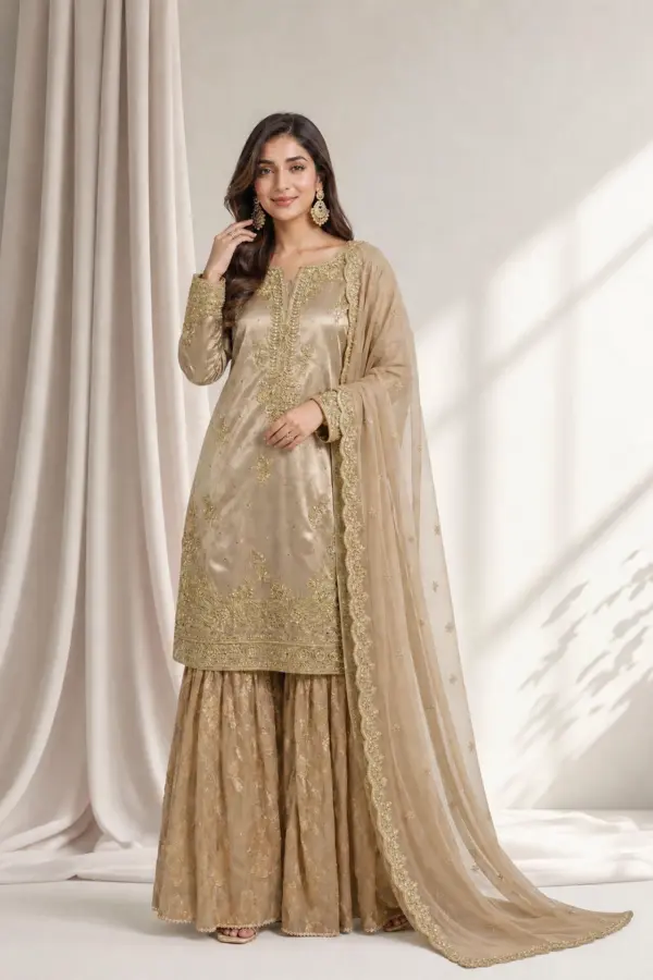 Ruma premium gharara collection 3 piece embroidered suit - Gold, X - Large