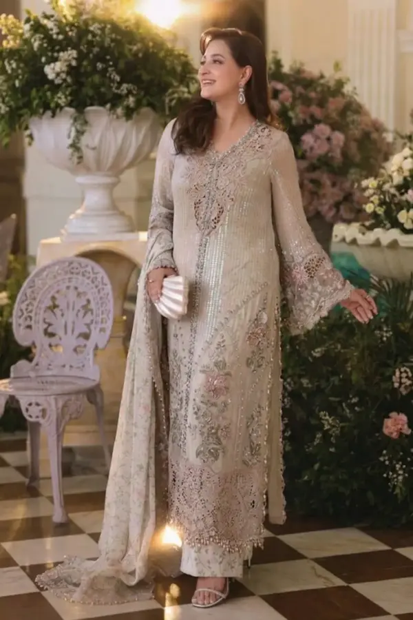 Riya luxe embroidered 3 piece chiffon collection - Cream, X - Large