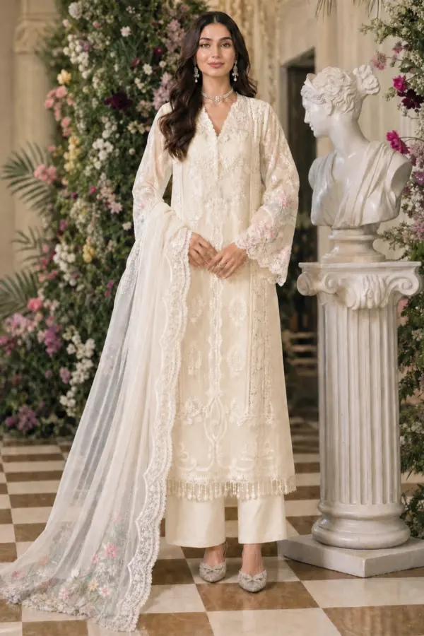 Ruma premium chiffon 3 piece embroidered collection - Cream, X - Large