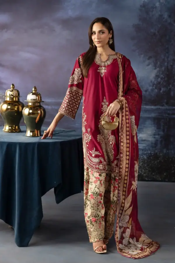 Ethnic viscose collection 3 piece embroidered shalwar suit - Maroon, Large