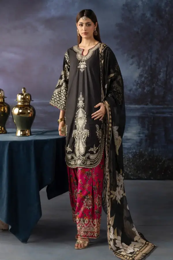 Ethnic viscose collection 3 piece embroidered shalwar suit - Black, Large