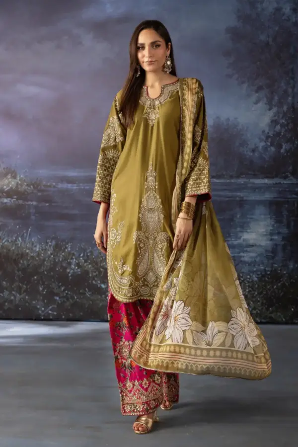 Ethnic viscose collection 3 piece embroidered shalwar suit - MEHNDI, Large