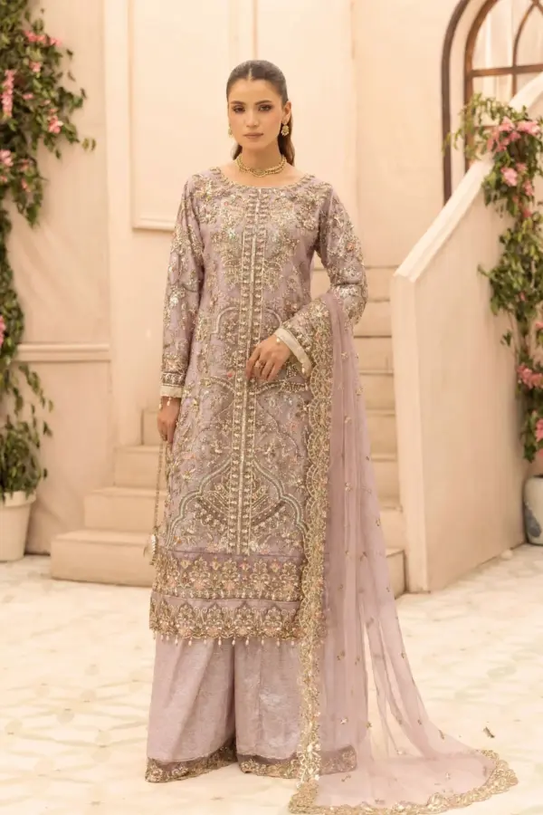 Aafiyat premium collection 3 piece embroidered suit - Lilac, X - Large