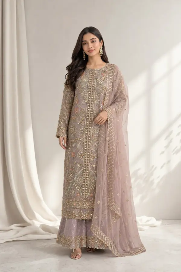 Aafiyat premium collection 3 piece embroidered suit - Lilac, X - Large