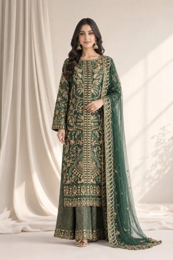 Aafiyat premium collection 3 piece embroidered suit - DGREEN, X - Large