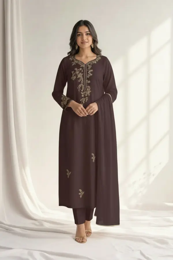 Nimrah premium kaftan collection 3 piece embroidered suit - Plum, Large