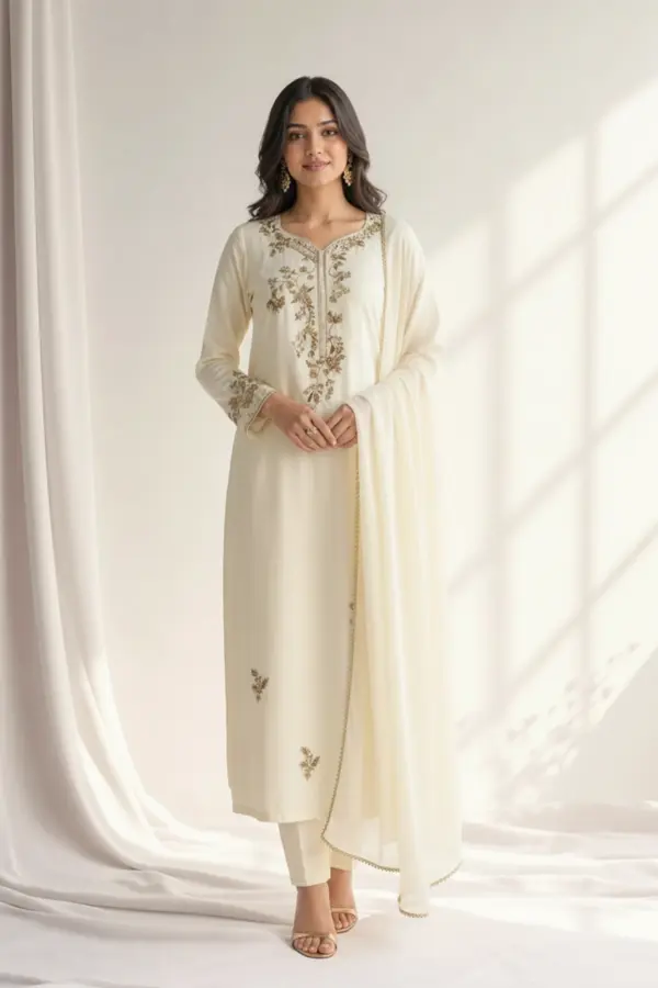 Nimrah premium kaftan collection 3 piece embroidered suit - White, Large