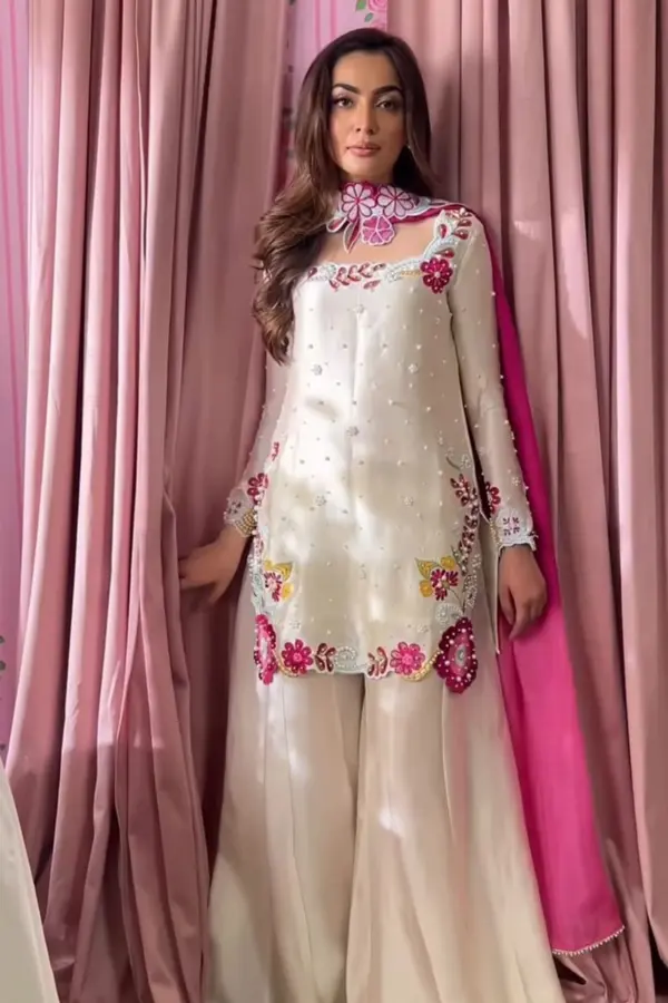 Rubab premium collection 3 piece sharara suit - Cream, Medium