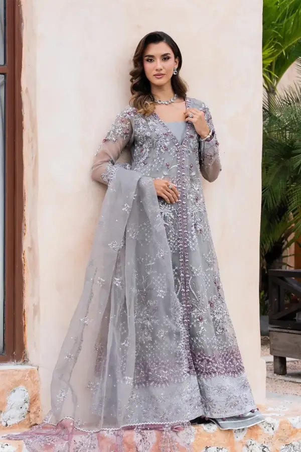 Amnah premium collection Amelia 3 piece embroidered suit - Grey, X - Large