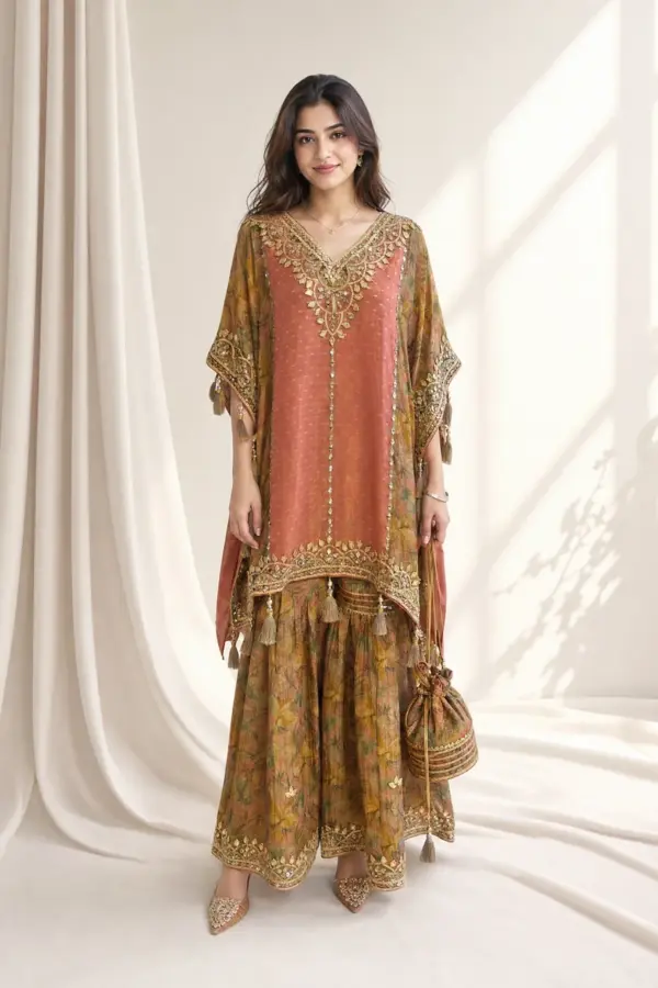 Shiffonz luxe kaftan collection with gharara and potli - Pink, FS