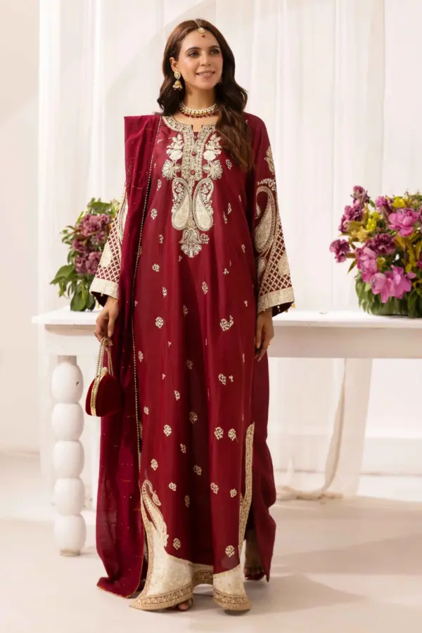Zarah premium collection 3 piece kaftan suit - Maroon, X - Large