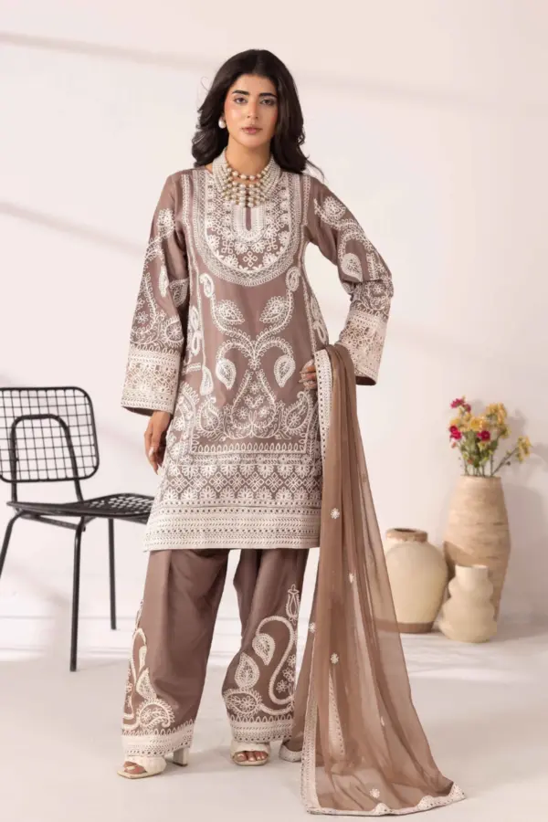 Noor premium collection 3 piece linen embroidered suit - Brown, X - Large