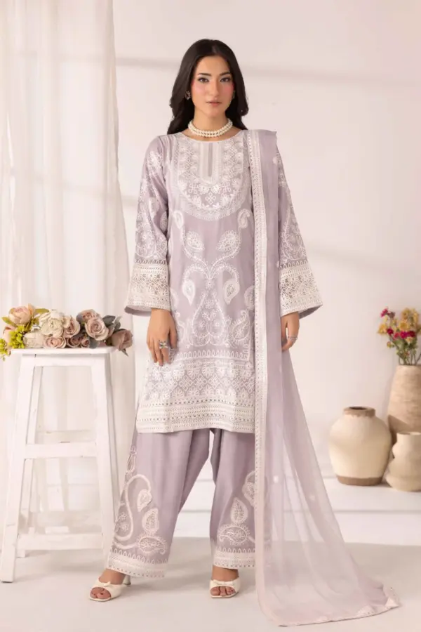 Noor premium collection 3 piece linen embroidered suit - Lilac, X - Large