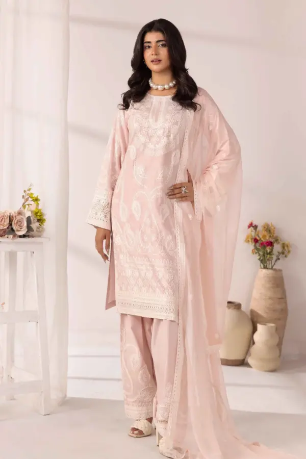Noor premium collection 3 piece linen embroidered suit - L PINK, X - Large