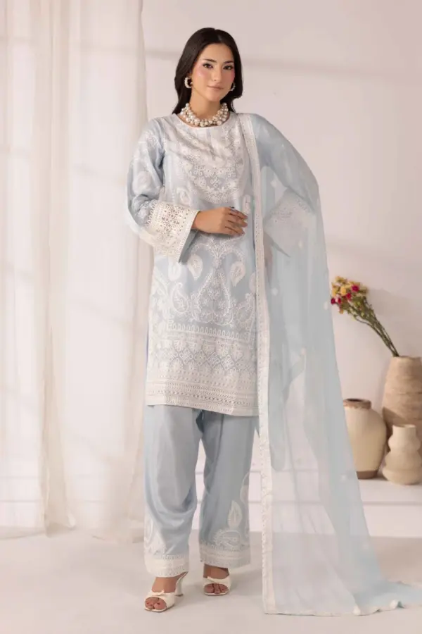 Noor premium collection 3 piece linen embroidered suit - LBLUE, X - Large